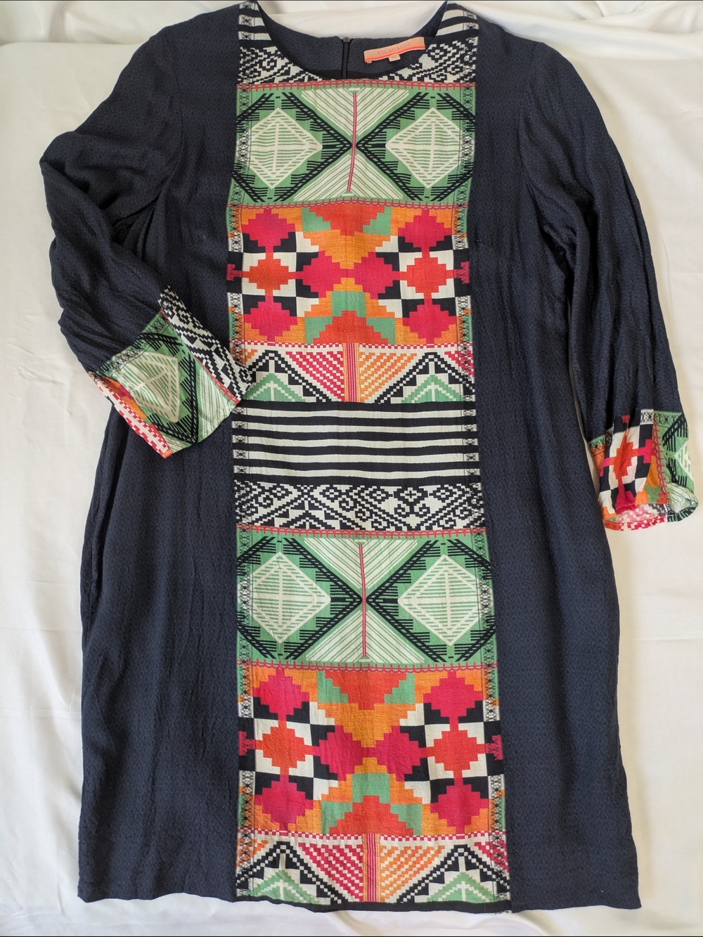 Vilagallo Navy Midi Dress with Multicolor Geometric Panel